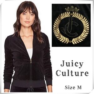 JUICY Culture Rare Velour JC Rhinestone Gold logo Velvet Track Hood Jacket Black